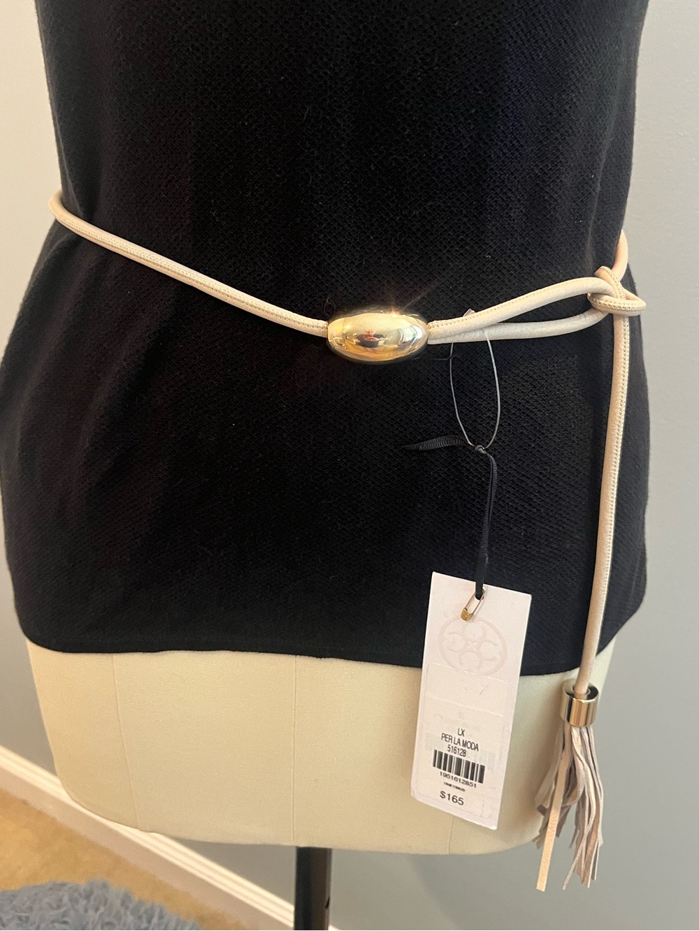 Per Se by Carlisle Beige Tassel Leather Rope Belt with Gold Accent - NWT